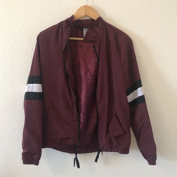 Full Tilt Jackets & Blazers - Burgundy Bomber Jacket W/ Black & White Strips